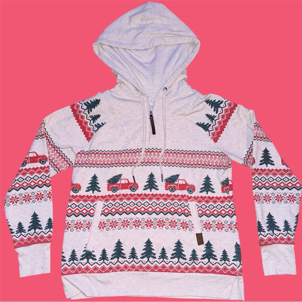 Women’s Small Christmas Homeward Truck Fair Isle Fleece Hoodie By Maurice’s